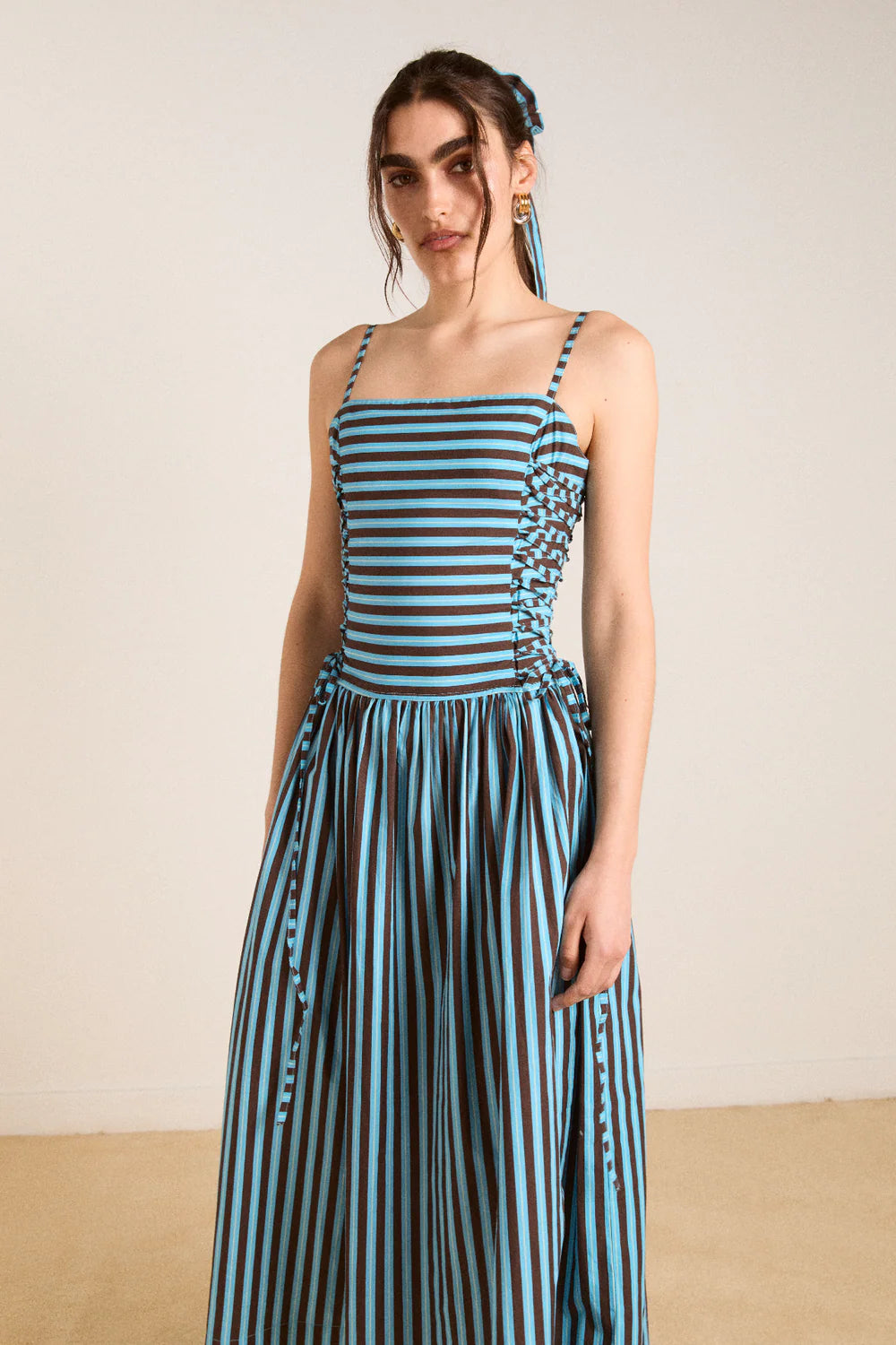 Damson Madder Angelina Midi Dress With Lace Up - Blue Choc Stripe