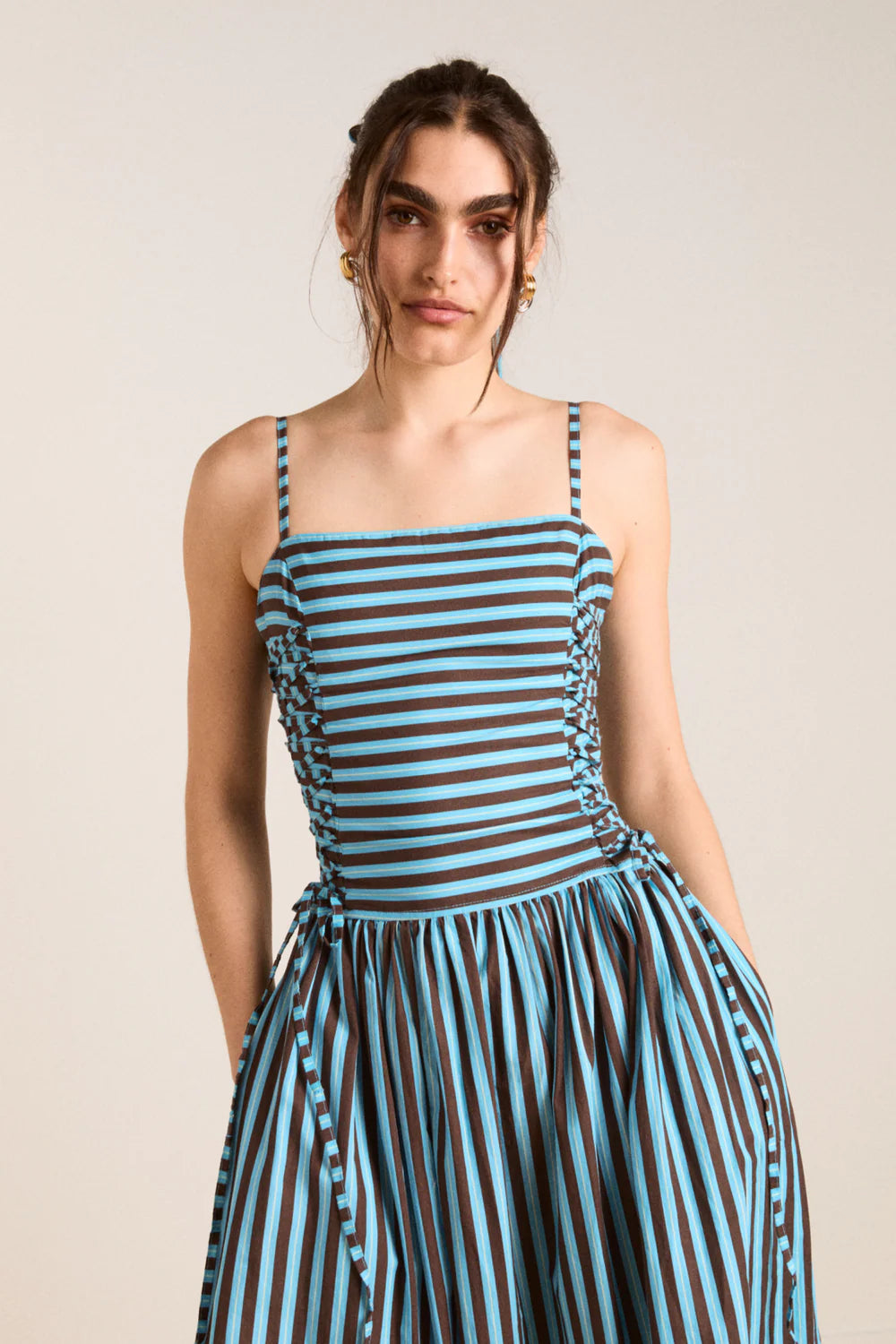 Damson Madder Angelina Midi Dress With Lace Up - Blue Choc Stripe