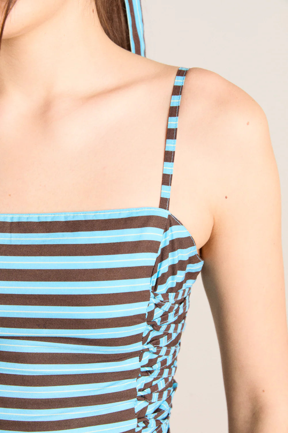 Damson Madder Angelina Midi Dress With Lace Up - Blue Choc Stripe
