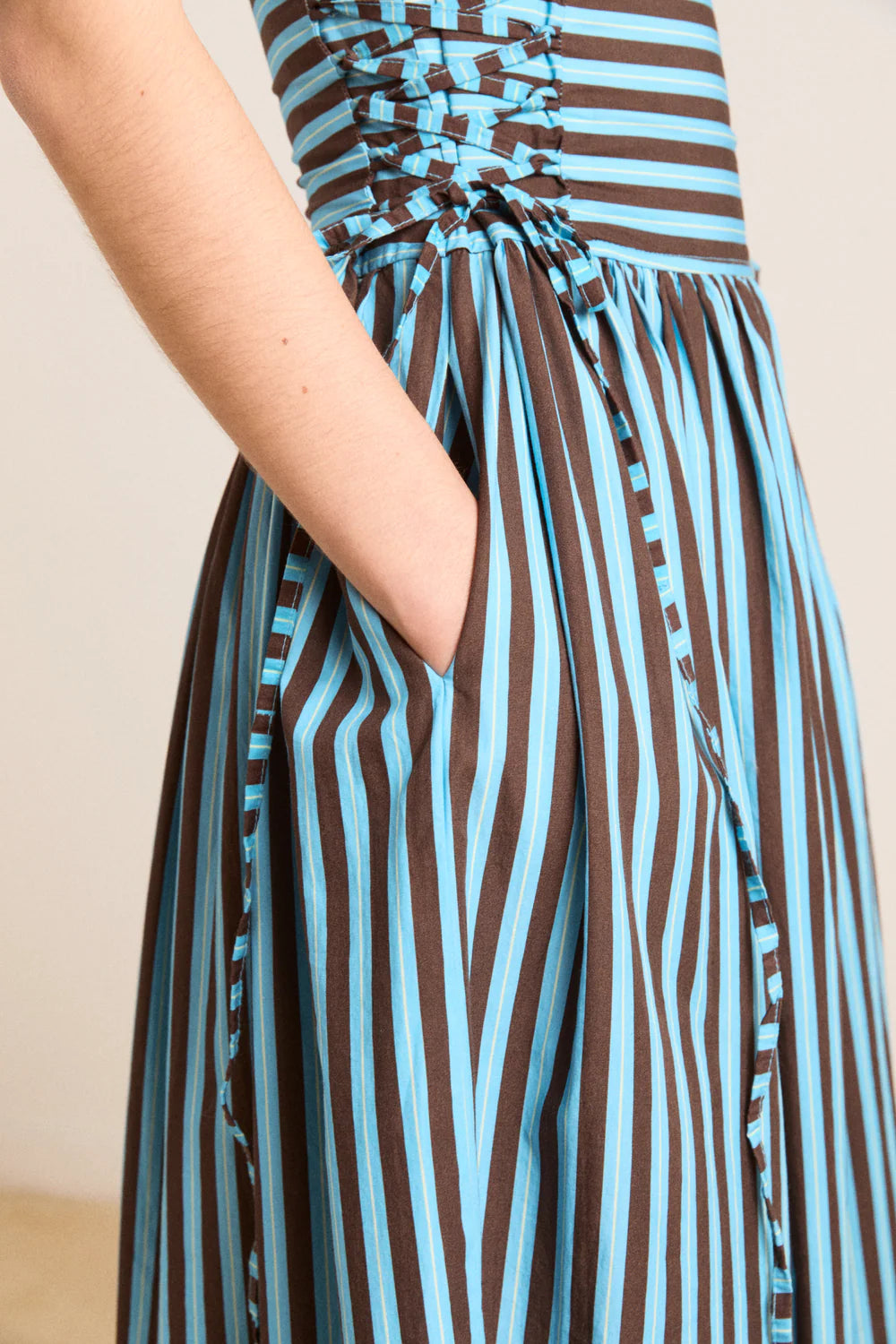 Damson Madder Angelina Midi Dress With Lace Up - Blue Choc Stripe