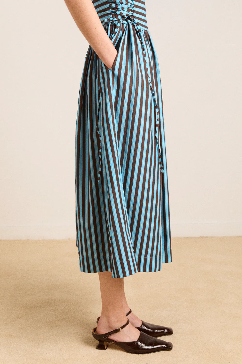 Damson Madder Angelina Midi Dress With Lace Up - Blue Choc Stripe