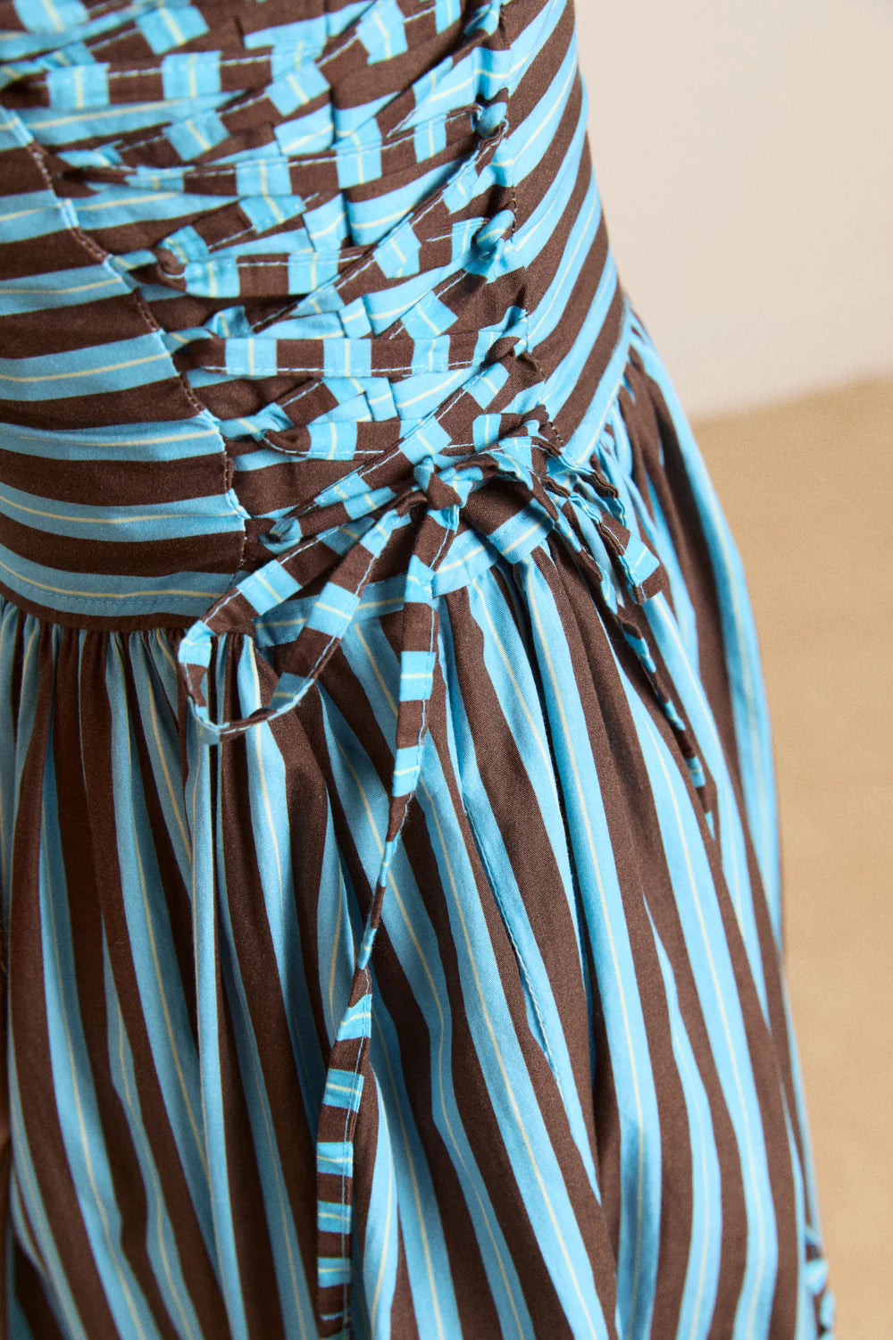 Damson Madder Angelina Midi Dress With Lace Up - Blue Choc Stripe