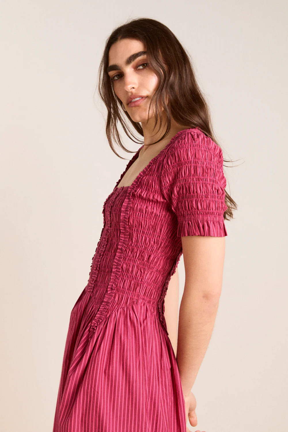 Damson Madder Raphaela Ruffle Midi Dress - Berry Business