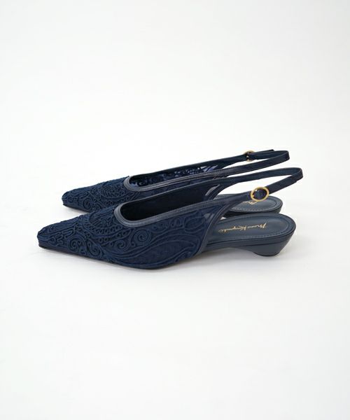 Mame Kurogouchi-Cording Embroidery Sling Back Heels - navy