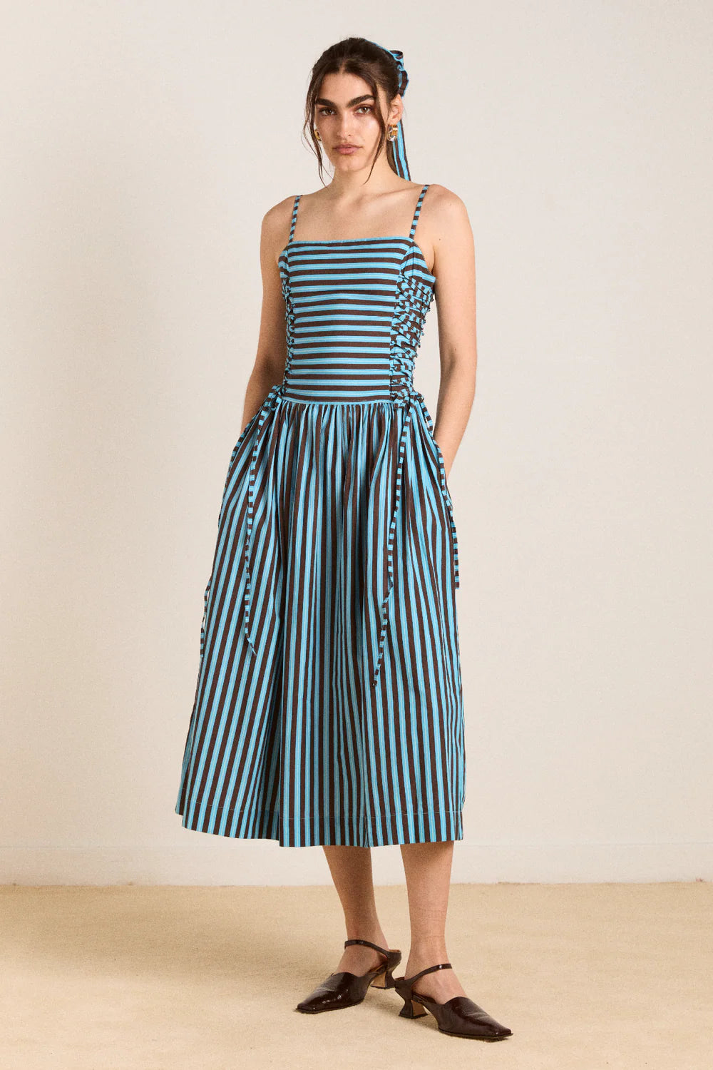 Damson Madder Angelina Midi Dress With Lace Up - Blue Choc Stripe