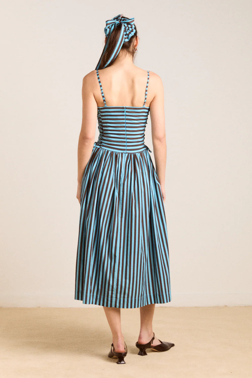Damson Madder Angelina Midi Dress With Lace Up - Blue Choc Stripe