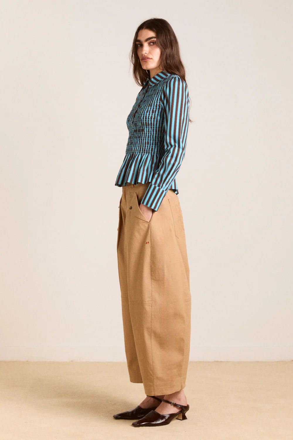 Damson Madder Hazel Shirred Shirt - Blue Choc Stripe