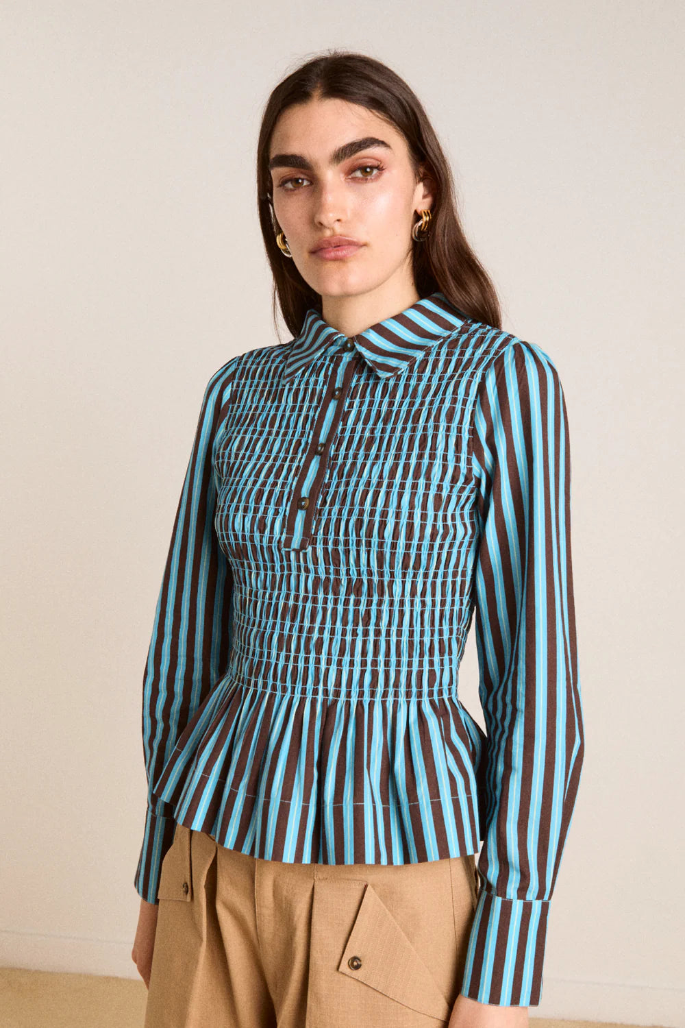 Damson Madder Hazel Shirred Shirt - Blue Choc Stripe