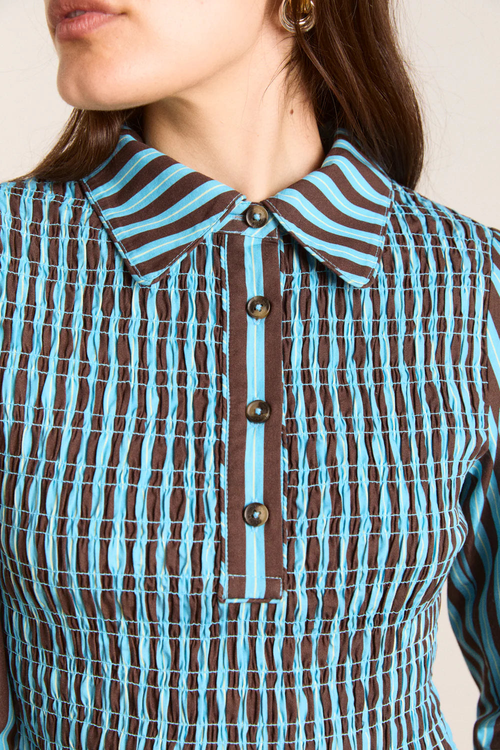 Damson Madder Hazel Shirred Shirt - Blue Choc Stripe