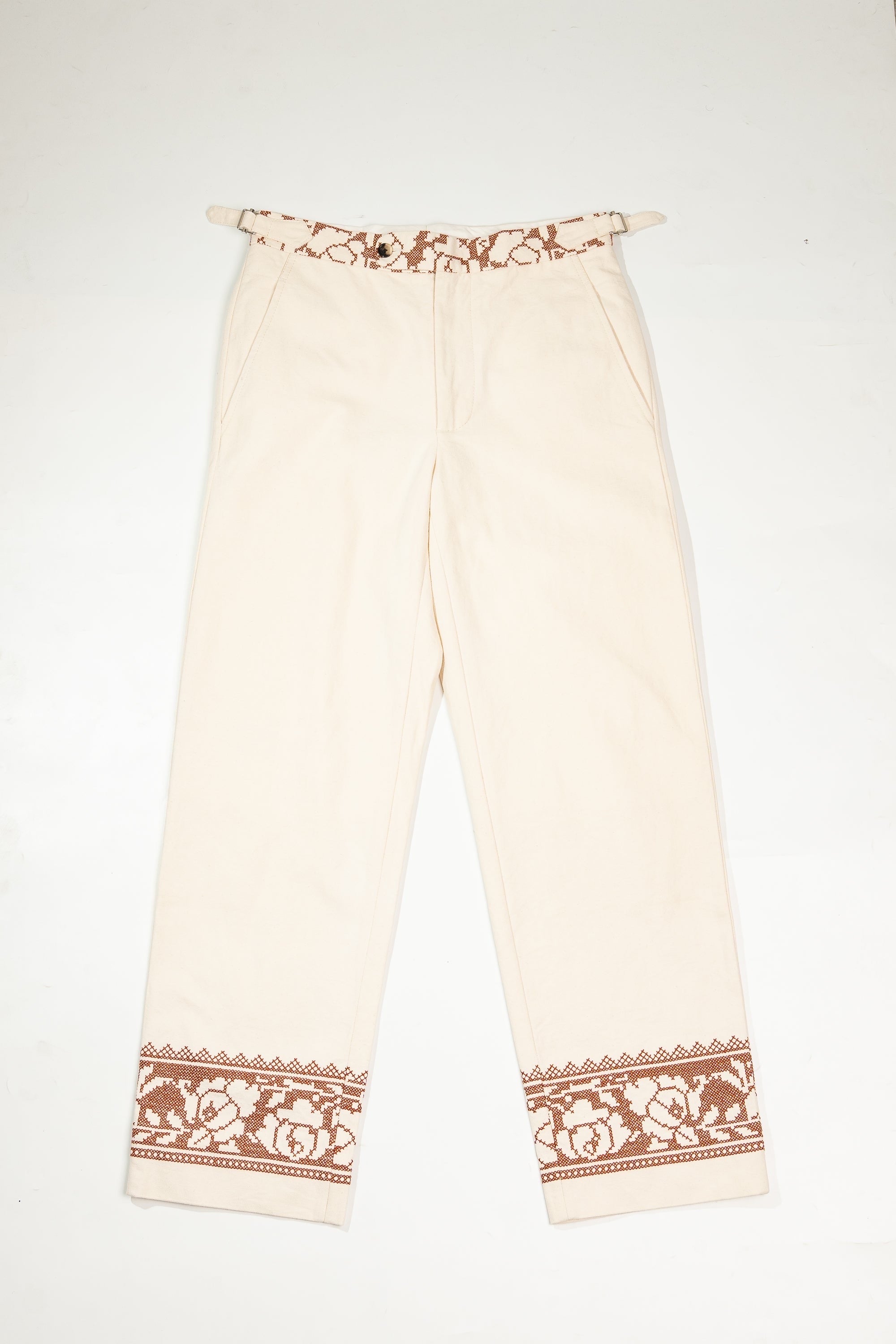 BODE Cross Stitched Rose Garland Trouser Brown/White