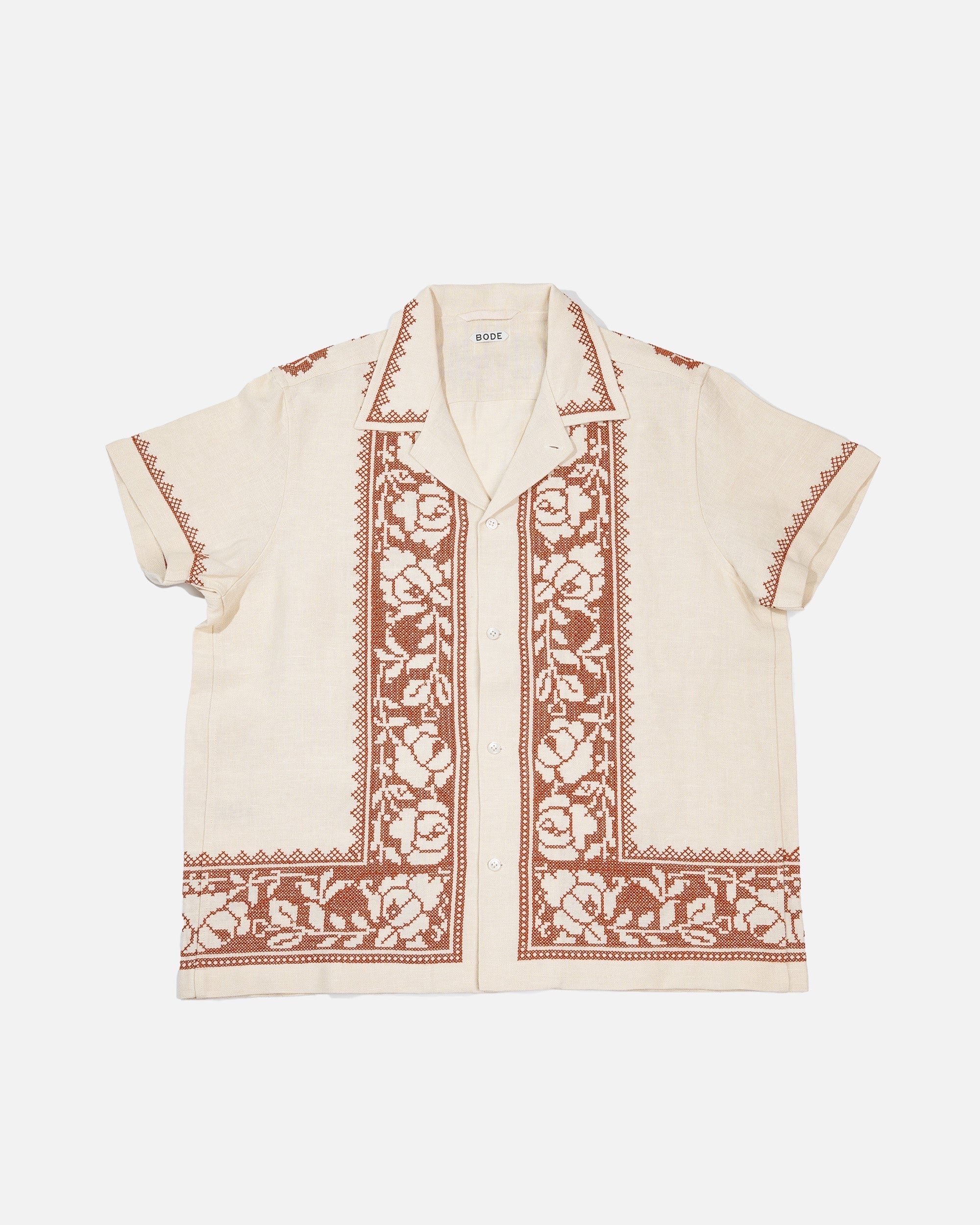 BODE Cross Stitched Rose Garland Short Sleeve Shirt Brown/White