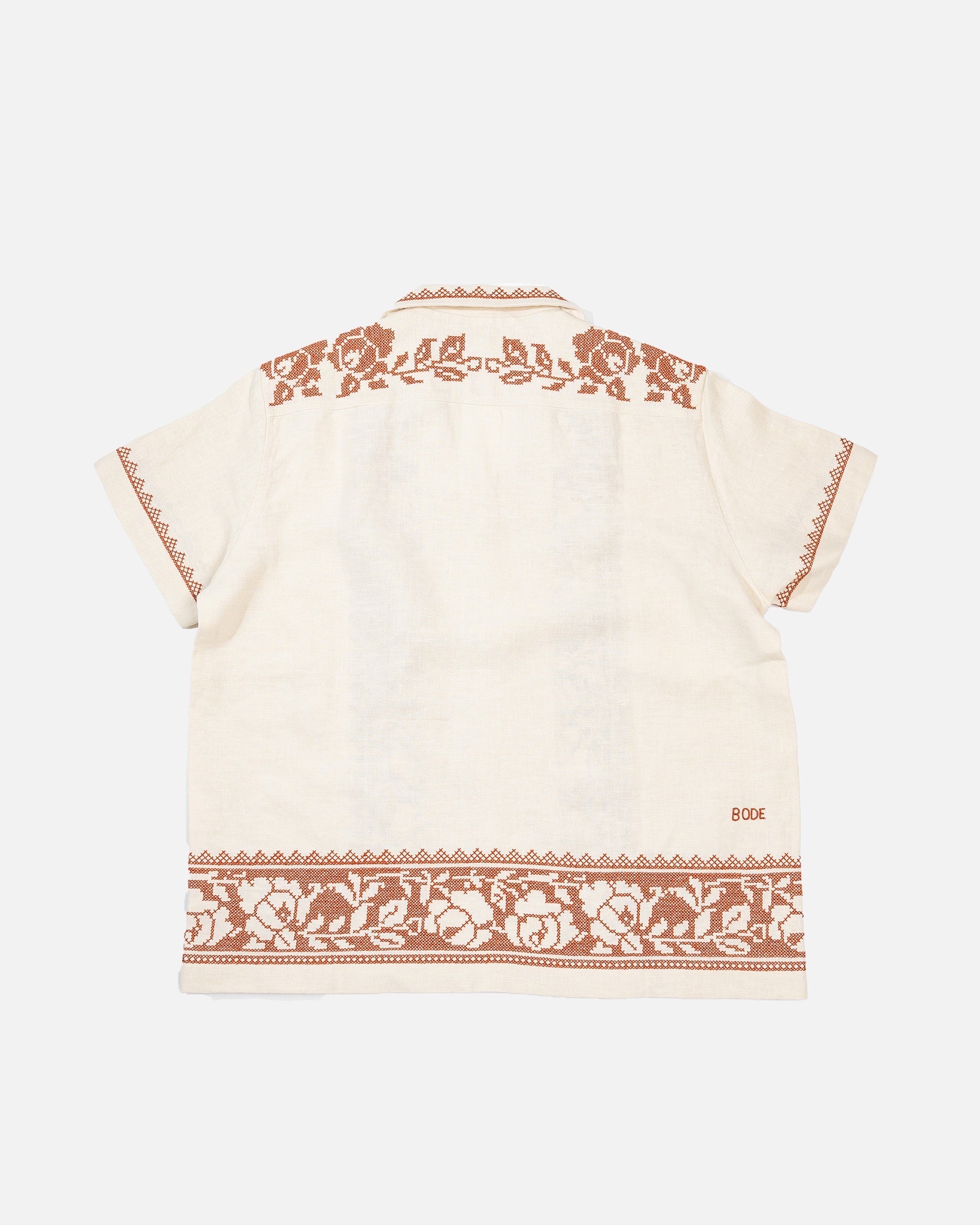 BODE Cross Stitched Rose Garland Short Sleeve Shirt Brown/White