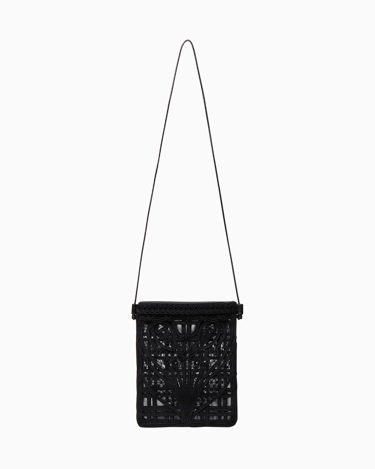 Mame Kurogouchi Cording Embroidery Pouch With Leather Strap - Black