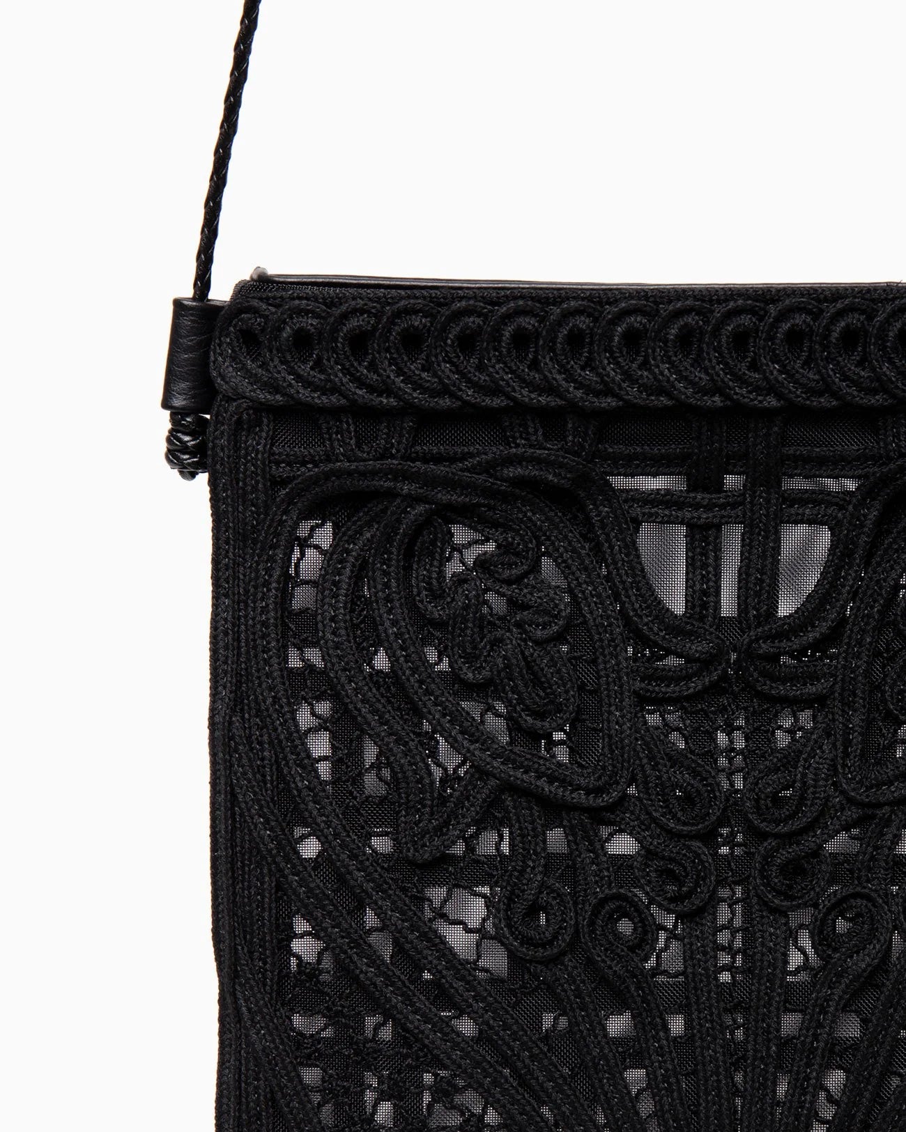 Mame Kurogouchi Cording Embroidery Pouch With Leather Strap - Black